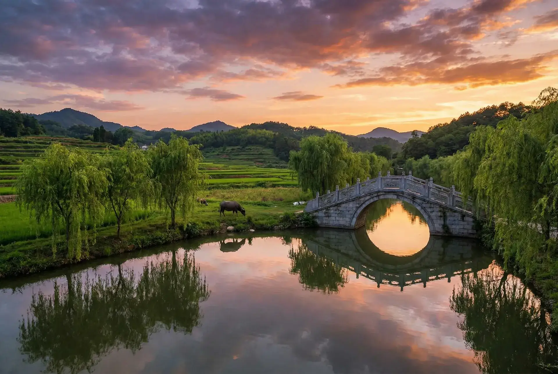 夕阳下的石拱桥与垂柳，水牛在河边吃草 - 众星之子出装 乡村美景